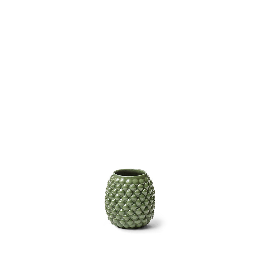 Grøn vase 6,5 cm, med bobler med blank glasur, håndlavet og designet af Louise Heisel