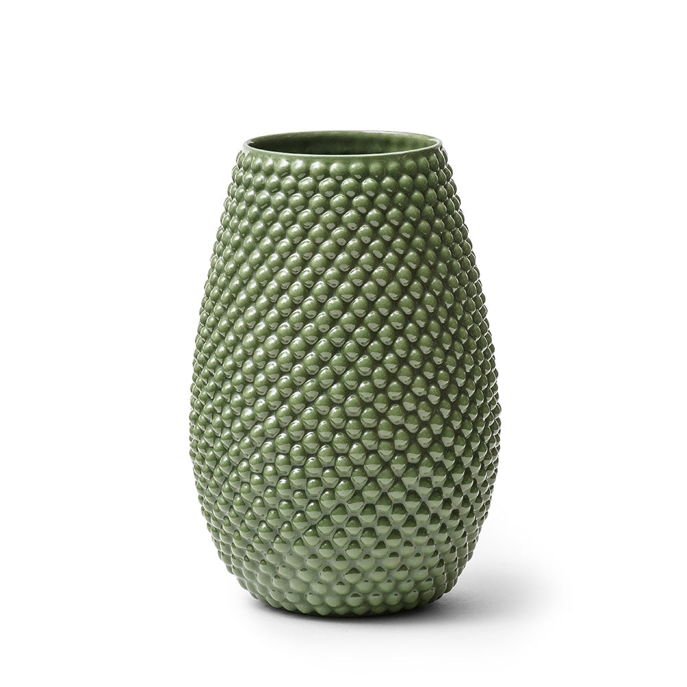 Grøn vase 18 cm, med bobler og blank glasur, håndlavet og designet af Louise Heisel