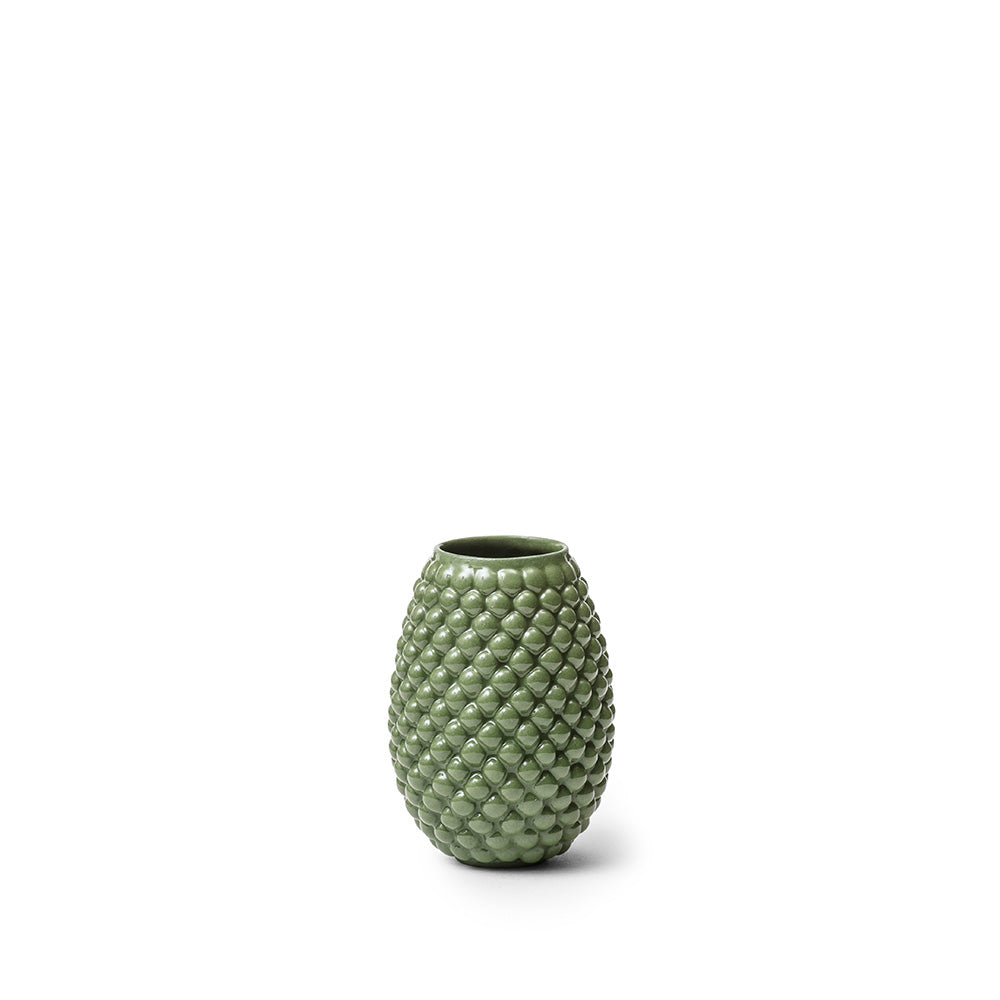 Grøn vase 8,5 cm, med bobler og blank glasur, håndlavet og designet af Louise Heisel