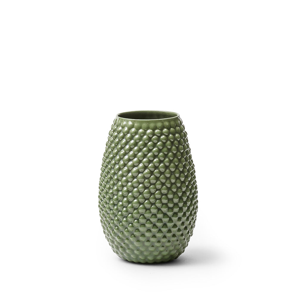 Grøn vase 13 cm, med bobler og blank glasur, håndlavet og designet af Louise Heisel